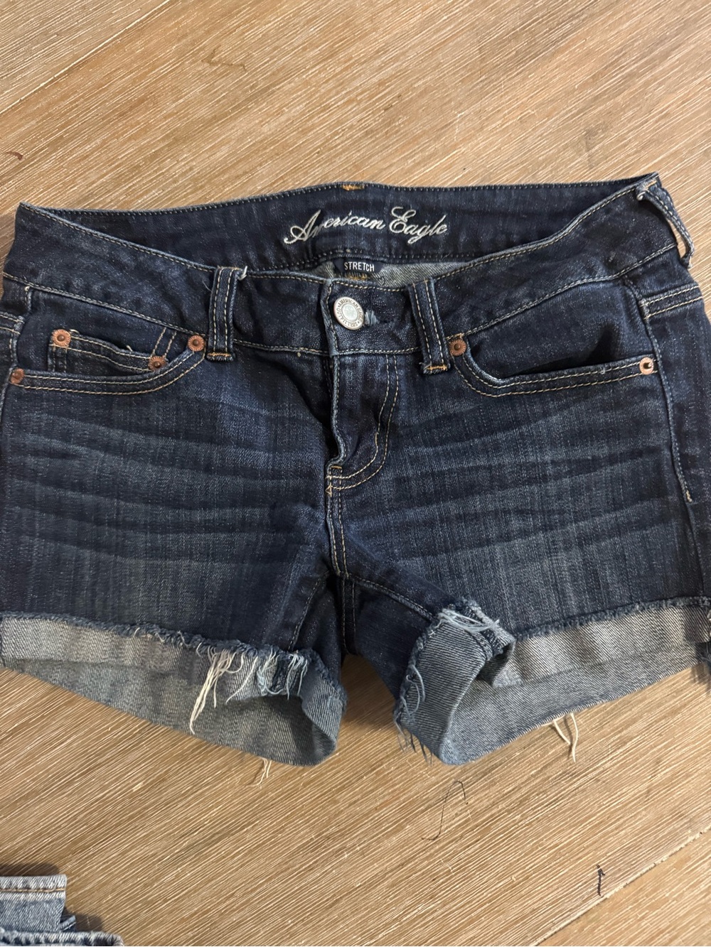 American Eagle Outfitters Dark Blue Frayed Hem Denim Shorts